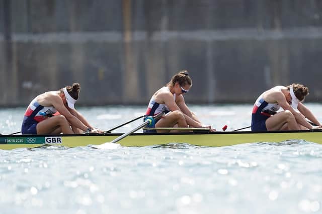 Great Britain's Rowan McKellar, Harriet Taylor, Karen Bennett and Rebecca Shorten react to finishing fourth (PA)