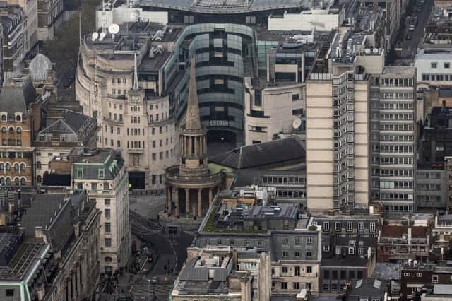 An aerial view shot of the BBC studios in London.