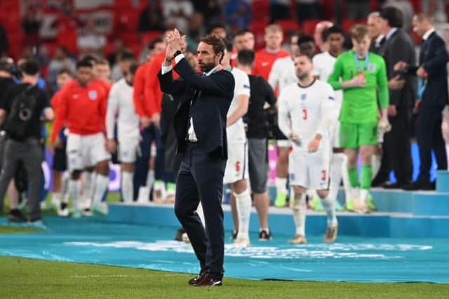 England's coach Gareth Southgate applauds supporters after England lost to Italy in the UEFA EURO 2020 final football match between Italy and England at the Wembley Stadium in London on July 11, 2021. (Photo by Paul ELLIS / POOL / AFP) (Photo by PAUL ELLIS/POOL/AFP via Getty Images)