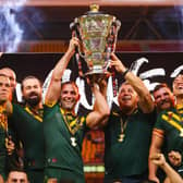 Australian team member's celebrate their victory in the Rugby League World Cup men's final match between Australia and England in Brisbane on December 2, 2017.