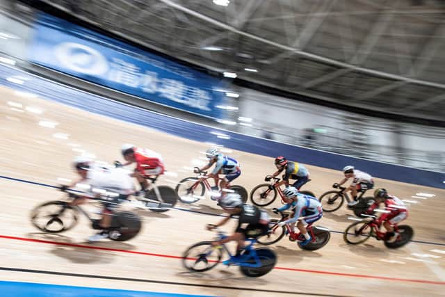 Cyclists compete during a track cycling test event ahead of the Tokyo 2020 Olympic and Paralympic Games at the Izu velodrome (Photo by CHARLY TRIBALLEAU/AFP via Getty Images)