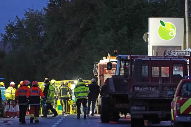 Emergency services continue their work at the scene of an explosion at Applegreen service station in the village of Creeslough in Co Donegal, where at least three people have died. Picture date: Saturday October 8, 2022.
