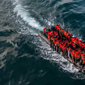 Inflatable dinghy carrying migrants makes its way towards England in the English Channel, Britain, May 4, 2024. (REUTERS)