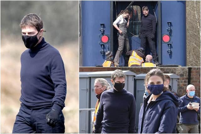 Tom Cruise and co-star Hayley Atwell prepare to shoot what looks to be a train stunt on a specially modified carriage, as part of the production of Mission: Impossible 7 (Photos: Richard Ponter/JPI Media)