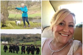 Murdered PCSO Julia James walking her Jack Russell Toby and wearing a light blue waterproof coat, blue jeans and dark coloured Wellington style brown boots - the same clothes she had on when last seen before her murder (PA/Kent Police)