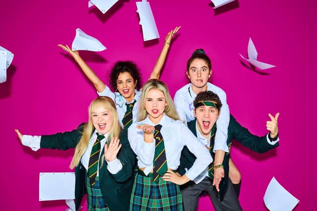 From left to right, Clare Devlin (Nicola Coughlan), Michelle Mallon (Jamie - Lee O'Donnell), Erin Quinn (Saoirse Monica Jackson), Orla Mccool (Louisa Clare Harland), and James Maguire (Dylan Llewellyn) will all return for Derry Girls Season 3. Photo: PA Photo/Channel 4 Television/Peter Marley.