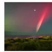 STEVE was captured over Cocklawburn Beach by Lee Patterson, appearing much brighter than the aurora.