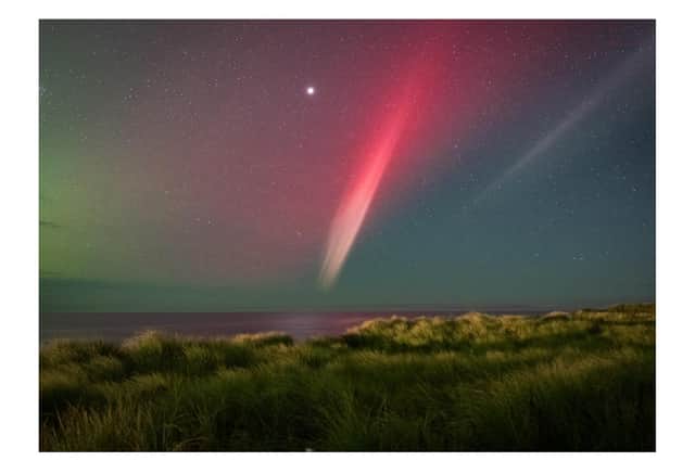 STEVE was captured over Cocklawburn Beach by Lee Patterson, appearing much brighter than the aurora.