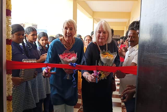 Sylvia and Lindsay officially open the chemistry lab at Kovalam Higher Secondary School