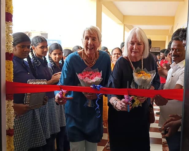 Sylvia and Lindsay officially open the chemistry lab at Kovalam Higher Secondary School