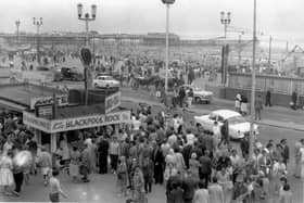 Jugs of tea for the beach, oysters and - of course Blackpool rock - was waiting for the crowds on the Golden Mile in this early 60s scene