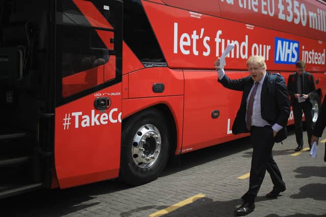 Boris Johnson boards the notorious Vote Leave Brexit campaign bus in May 2016 (Picture: Christopher Furlong/Getty Images)