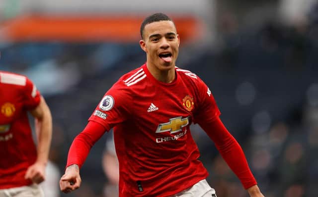 Mason Greenwood of Manchester United celebrates after scoring their side's third goal during the Premier League match between Tottenham Hotspur and Manchester United.