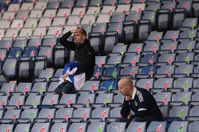 Scotland supporters react to the defeat in the UEFA EURO 2020 Group D match between Croatia and Scotland at Hampden Park.