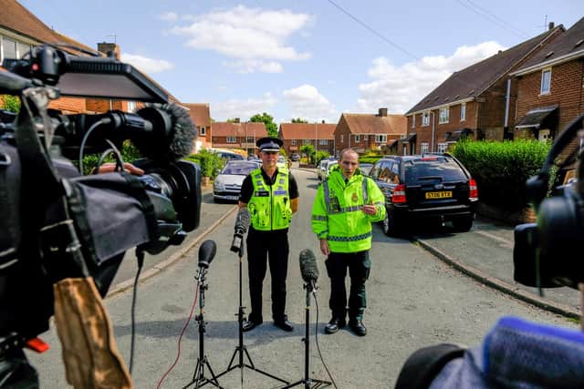 Police Superintendent for Wolverhampton, Simon Inglis & Assistant Chief Ambulance Officer, Nathan Hudson during a press conference at the scene on Stephens Close in Wolverhampton (Photo: SWNS)