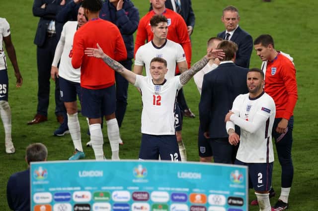 Kieran Trippier of England celebrates their side's victory towards the fans after the UEFA Euro 2020 Championship Semi-final match between England and Denmark at Wembley Stadium on July 07, 2021 in London, England. (Photo by Catherine Ivill/Getty Images)