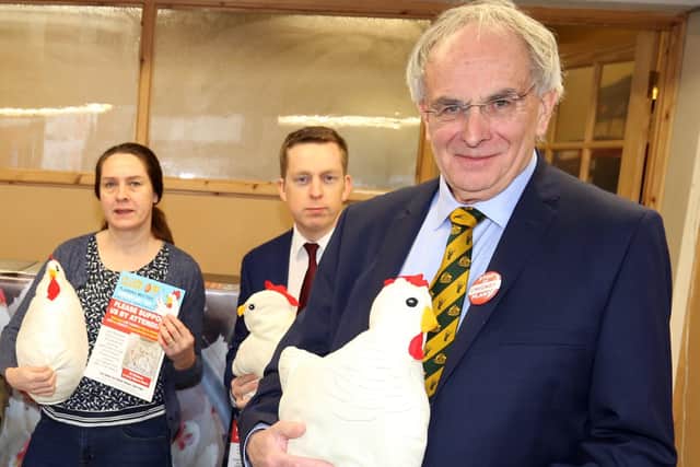 Cluck Off: Wellingborough: Camapign against chicken farm near Rushden and Higham Helen Harrison, Tom Pursglove MP,  and Peter Bone MP in February 2018