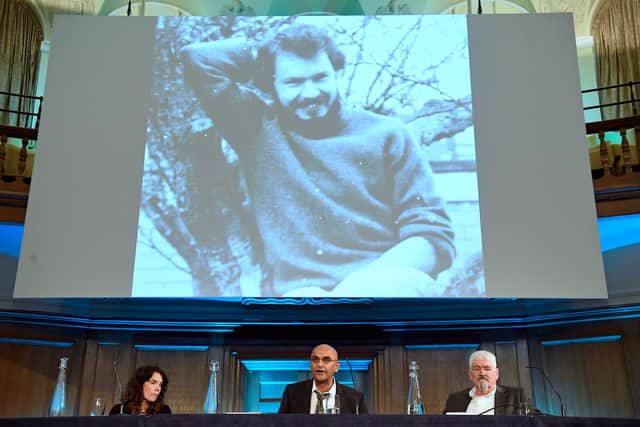 Alastair Morgan (right), the brother of murdered private investigator Daniel Morgan, with his partner Kirsteen Knight and family solicitor Raju Bhatt (centre) speaking to the media following the publication of the Daniel Morgan Independent Panel report (PA)