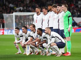 LONDON, ENGLAND - OCTOBER 12: Players of England pose for a team photograph prior to the 2022 FIFA World Cup Qualifier match between England and Hungary at Wembley Stadium on October 12, 2021 in London, England. (Photo by Julian Finney/Getty Images)