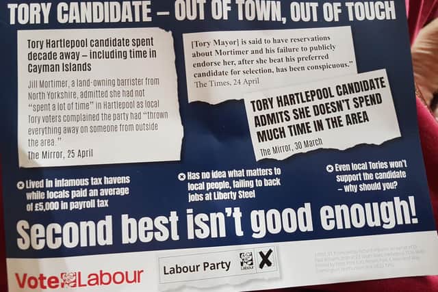 The attack leaflet focusses on accusations of 'Tory sleaze' and the Conservative candidate, Jill Mortimer