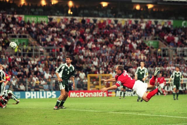 England striker Alan Shearer pictured heading the ball into Germany's net at Euro 2000. (Pic: Getty)
