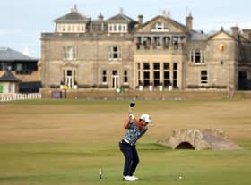 Kazuki Higa of Japan tees off on the eighteenth hole during Day One of The 150th Open at St Andrews Old Course on July 14, 2022 in St Andrews, Scotland. (Photo by Harry How/Getty Images)