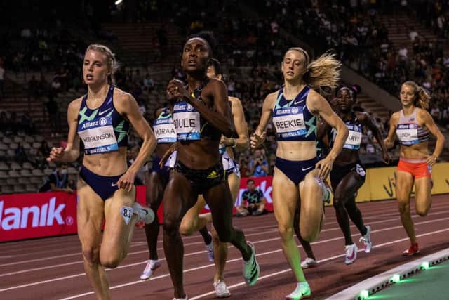 Keely Hodgkinson of Great Britain, Natoya Goule of Jamaica and Jemma Reeckie of Great Britain compete during the women's 800m of the Wanda Diamond League Memorial Van Damme at King Baudouin Stadium on September 3, 2021 in Brussels, Belgium. (Photo by Jorge Luis Alvarez Pupo/Getty Images)