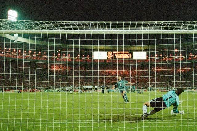 Gareth Southgate has his penalty saved by Germany goalkeeper Andreas Köpke during the penalty shoot out during the 1996 UEFA European Championships semi final match between England and Germany at Wembley Stadium on June 26, 1996  (Photo by Ross Kinnaird/Allsport/Getty Images)