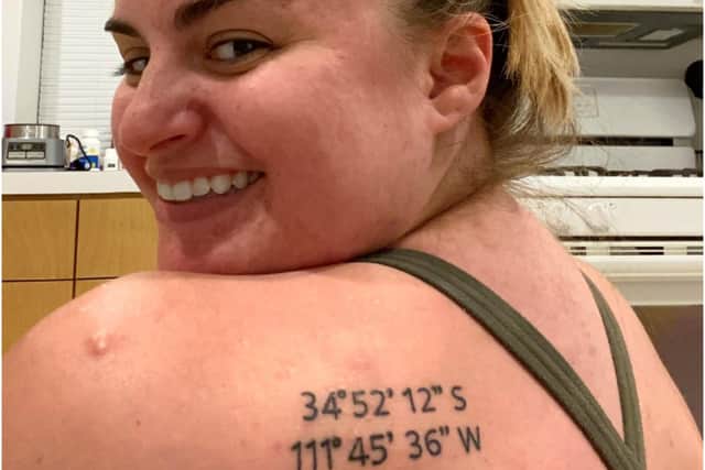 A holidaymaker who decided to get a tattoo to mark her favourite beach spot accidentally got the wrong coordinates (Photo: SWNS)