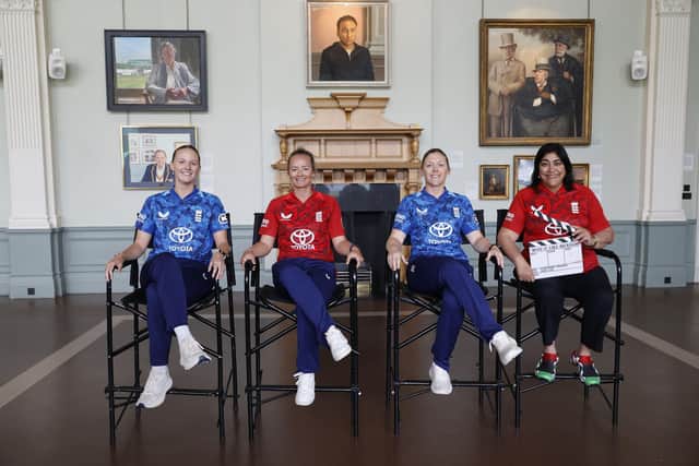 England Women players Lauren Filer, Danni Wyatt-Hodge and Heather Knight on set with director Gurinder Chadha