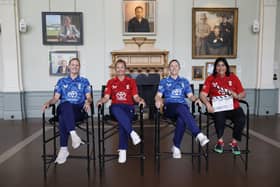 England Women players Lauren Filer, Danni Wyatt-Hodge and Heather Knight on set with director Gurinder Chadha