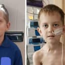 Jake Carson-Blake, 8, from Waterlooville has stage 4 Hodgkin lymphoma - here he is pictured before and after his diagnosis (Picture: Ali Carson-Blake)