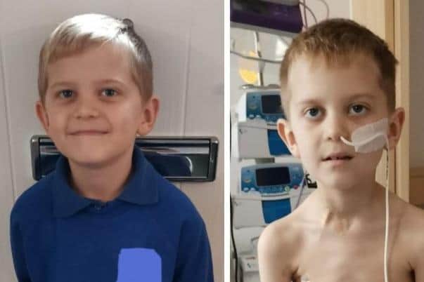 Jake Carson-Blake, 8, from Waterlooville has stage 4 Hodgkin lymphoma - here he is pictured before and after his diagnosis (Picture: Ali Carson-Blake)
