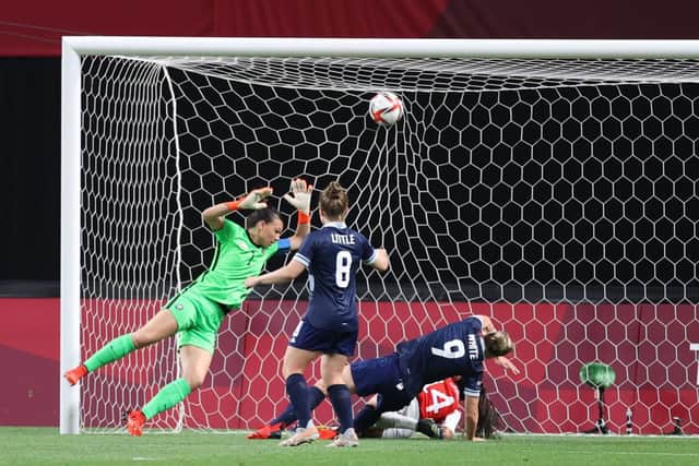 Ellen White of Team Great Britain scores their side's first goal past Christiane Endler of Team Chile during the Women's First Round Group E match between Great Britain and Chile during the Tokyo 2020 Olympic Games at Sapporo Dome. (Photo by Masashi Hara/Getty Images)