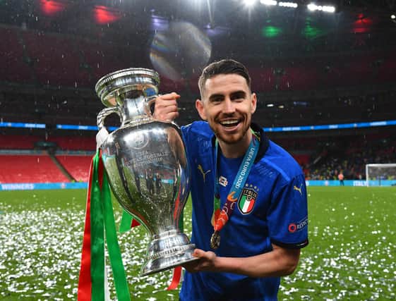 Jorginho of Italy celebrates with The Henri Delaunay Trophy following his team's victory in the UEFA Euro 2020 Championship Final between Italy and England at Wembley Stadium. (Photo by Claudio Villa/Getty Images)