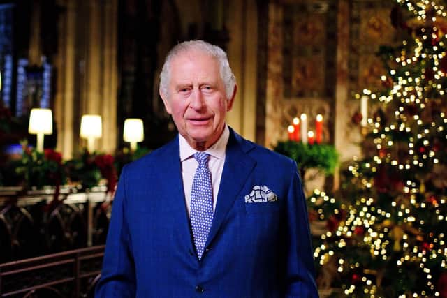 King Charles III is seen during the recording of his first Christmas broadcast in the Quire of St George's Chapel at Windsor Castle, on December 13, 2022 in Windsor, England. (Photo by Victoria Jones - Pool/Getty Images)