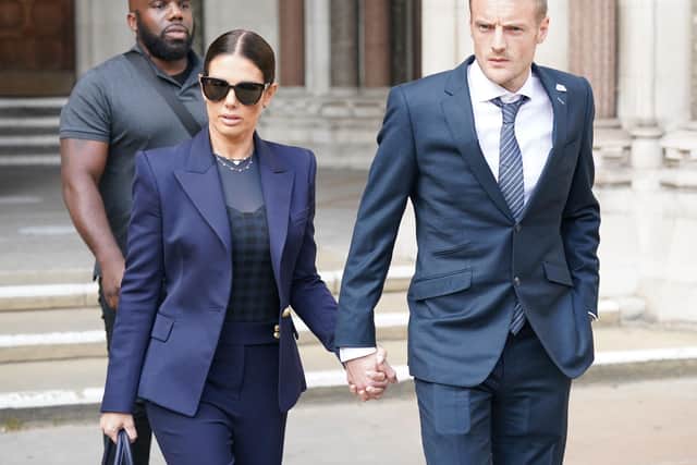 Rebekah and Jamie Vardy leaving the Royal Courts Of Justice, London. Rebekah Vardy and Coleen Rooney are due to find out who has won their High Court libel battle in the "Wagatha Christie" case.