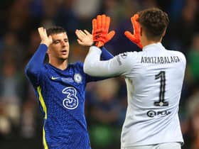 Kepa Arrizabalaga of Chelsea interacts with teammate Mason Mount during the penalty shoot out in the UEFA Super Cup 2021 match between Chelsea FC and Villarreal CF at the National Football Stadium at Windsor Park on August 11, 2021 in Belfast, Northern Ireland. (Photo by Catherine Ivill/Getty Images)