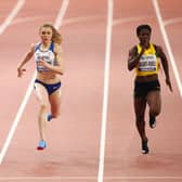 Krystsina Tsimanouskaya of Belarus, Beth Dobbin of Great Britain and Schillonie Calvert-powell of Jamaica competing in the Women's 200 metres heats during day four of 17th IAAF World Athletics Championships Doha 2019.