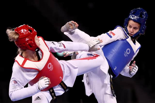 Matea Jelic (R) of Team Croatia competes against Lauren Williams of Team Great Britain Women's -67kg Taekwondo Gold Medal contest on day three of the Tokyo 2020 Olympic Games at Makuhari Messe Hall (Photo: Maja Hitij/Getty Images)