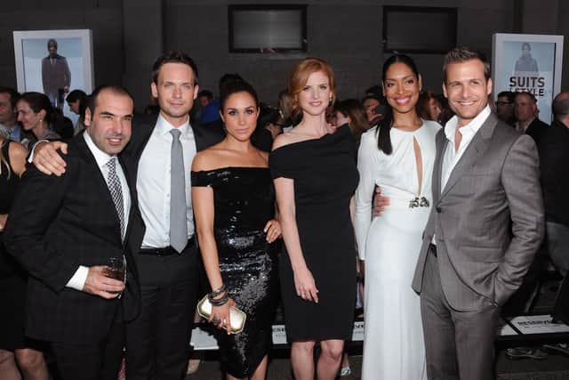 Cast of Suits (L-R) Rick Hoffman, Patrick J. Adams, Meghan Markle, Sarah Rafferty, Gina Torres and Gabriel Macht. (Pic: Getty Images)