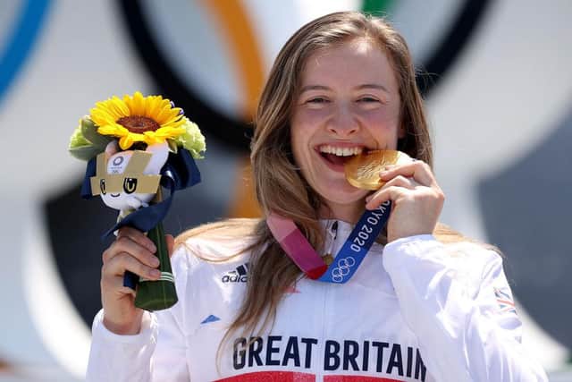 Gold Medalist Charlotte Worthington of Team Great Britain bites her gold medal after the Women's Park Final of the BMX Freestyle on day nine of the Tokyo 2020 Olympic Games (Photo: Ezra Shaw/Getty Images)