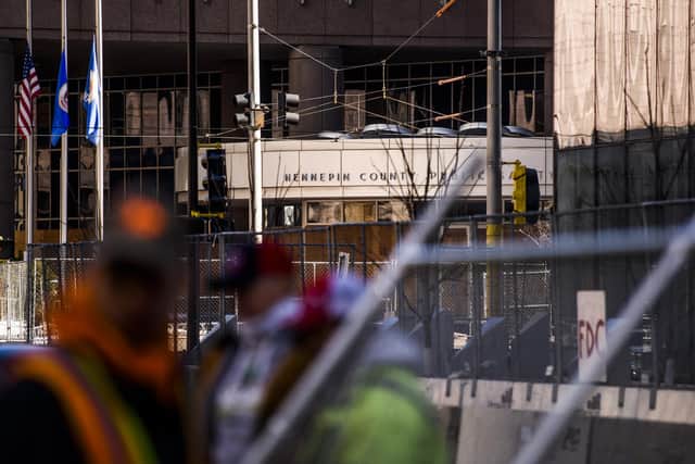 Security measures have been put in place around the Hennepin County Government Center in Minneapolis, Minnesota where the trial has been heard. (Photo by Stephen Maturen/Getty Images)