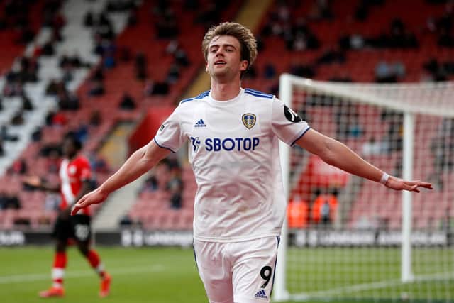 SOUTHAMPTON, ENGLAND - MAY 18: Patrick Bamford of Leeds United celebrates after scoring their sides first goal  during the Premier League match between Southampton and Leeds United at St Mary's Stadium on May 18, 2021 in Southampton, England. (Photo by Frank Augstein - Pool/Getty Images)