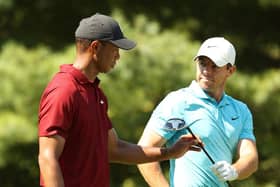 Tiger Woods and Rory McIlroy during the final round of The Northern Trust at TPC Boston in August  2020. Picture: Maddie Meyer/Getty Images.