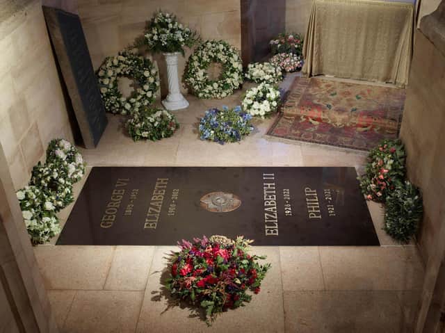 An inscribed stone slab marking the death of Queen Elizabeth II has been laid in the Windsor Castle chapel where her coffin was interred: ROYAL COLLECTION TRUST/AFP via Getty Images