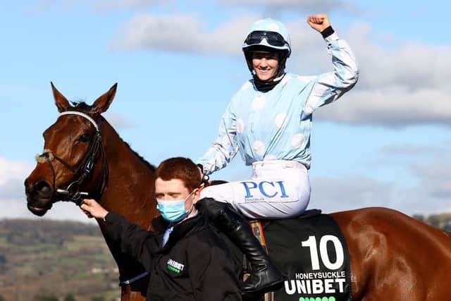 Rachael Blackmore on board Honeysuckle celebrates victory in last year's Champion Hurdle at Cheltenham. Photo: Michael Steele/Getty Images