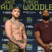 Jake Paul and Tyron Woodley posing during a press conference prior to their fight (Photo: Jason Miller/Getty Images)