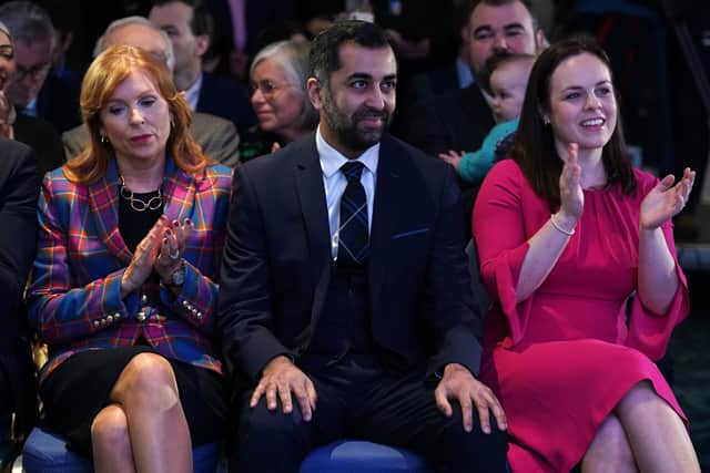 Ash Regan, Humza Yousaf and Kate Forbes after it was announced Humza Yousaf is the new Scottish National Party leader