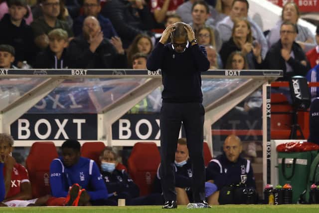 Despair for Chris Hughton after another defeats leads to his sacking by Nottingham Forest. (Photo by Matthew Lewis/Getty Images)
